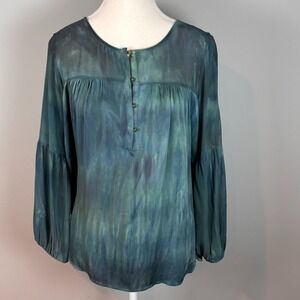 Gypsy 05 Silk Blue Green Tie-Dye Print Blouse Womens SZ Large Boho Art to wear